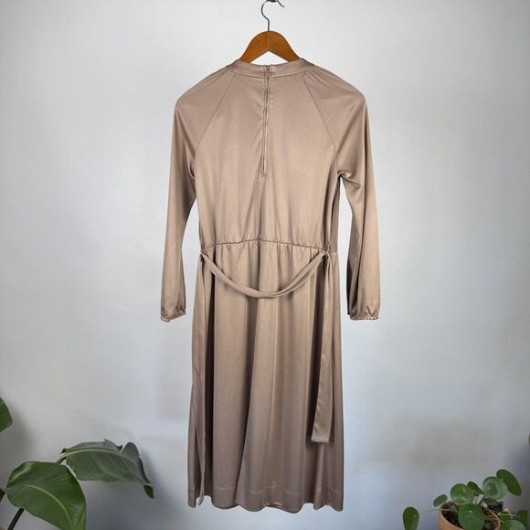 Vintage 70s Taupe Champagne Pleated Belted Midi Dress - Picture 5 of 9